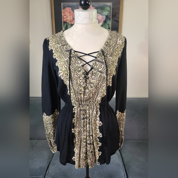 Free People Black Snake Print Boho Lace Up Front Elastic Waist Top - Picture 2 of 12